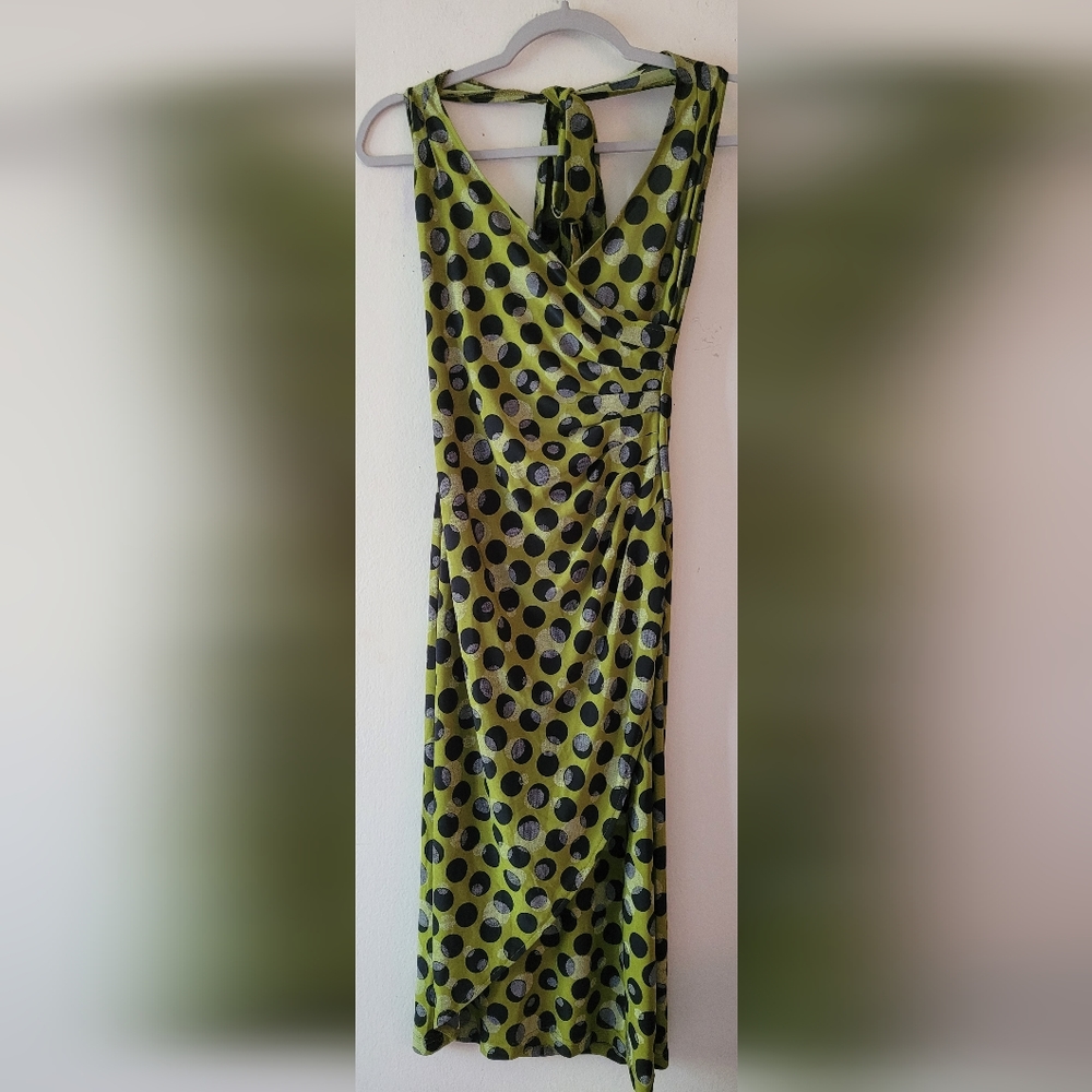 Tatyana Green Polka Dot Retro Faux Wrap Sleeveless Midi Dress Size Medium